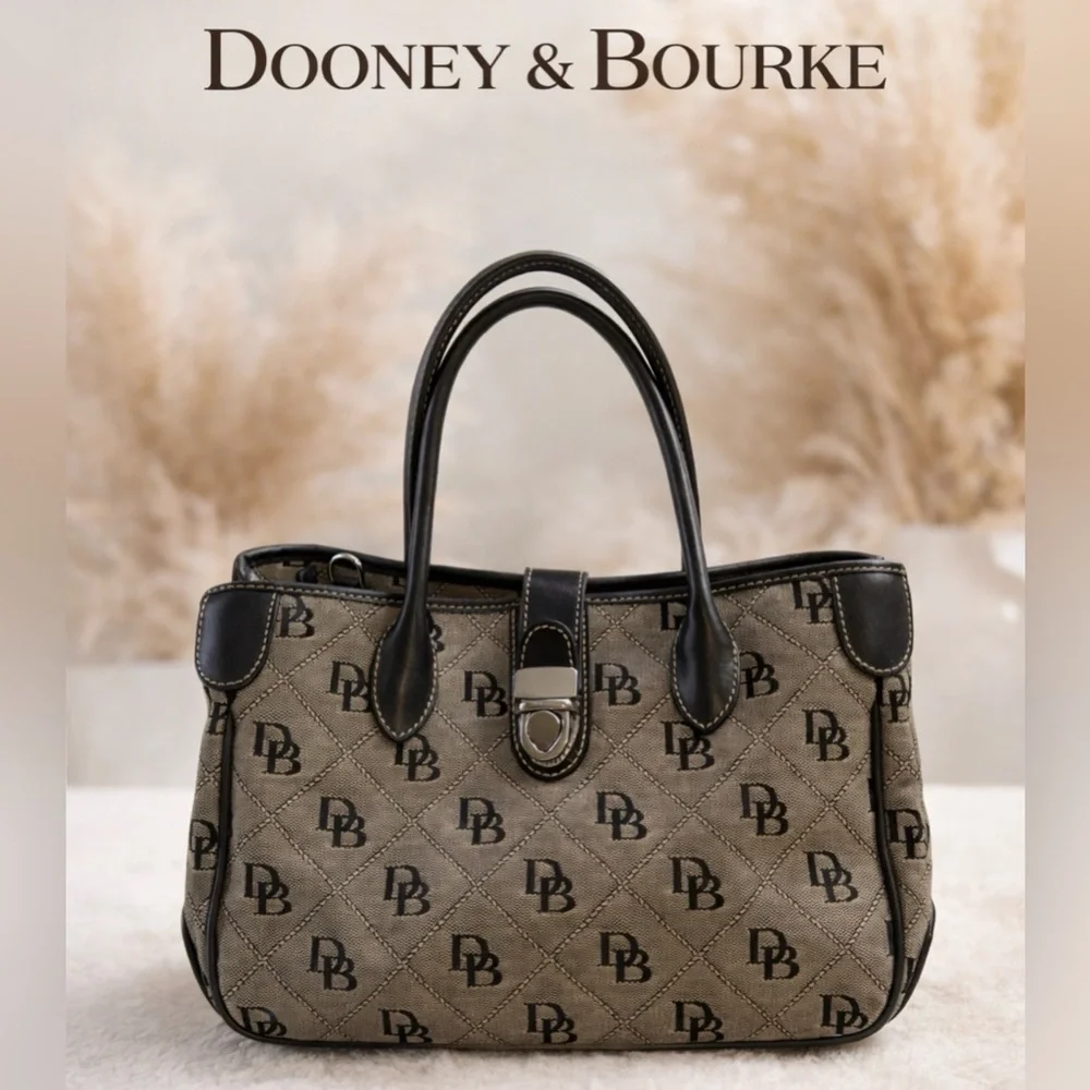 Dooney & Bourke DB Monogram Black & Grey Canvas Satchel Top Handle Bag Classic